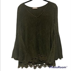 ALTAR’D STATE Forest Green Boho Top with Bell Sleeves and Beautiful Embroidery.
